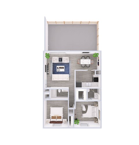 A 3D floor plan of a small apartment with a kitchen, living room, and bathroom.